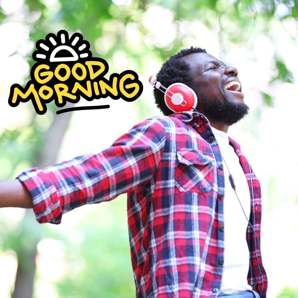 100+ African American Good Morning Images – Inspirational & Positive Vibes 2025 6 A happy African American man wearing a black and red shirt with a red headphone