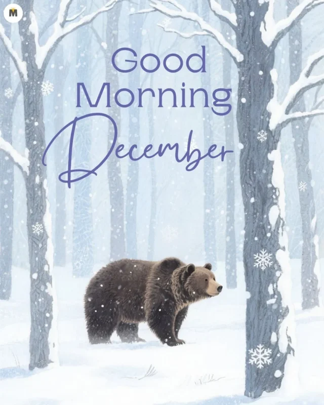 100+ Good Morning December Images ❄️ 28 A brown bear stands in a snowy forest with snowflakes gently falling. Text reads Good Morning December conveying a serene winter scene Good Morning December Images