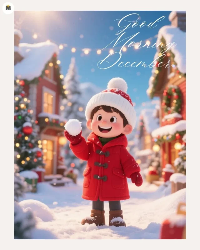 100+ Good Morning December Images ❄️ 55 A cheerful child in a red coat and hat holds a snowball in a snowy village adorned with festive lights. Text reads Good Morning December. Cozy festive atmosphere Good Morning December Images