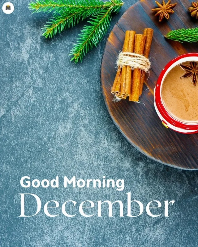 100+ Good Morning December Images ❄️ 18 A cozy scene with a red cup of coffee on a wooden board surrounded by cinnamon sticks and evergreen sprigs. Text reads Good Morning December Good Morning December Images
