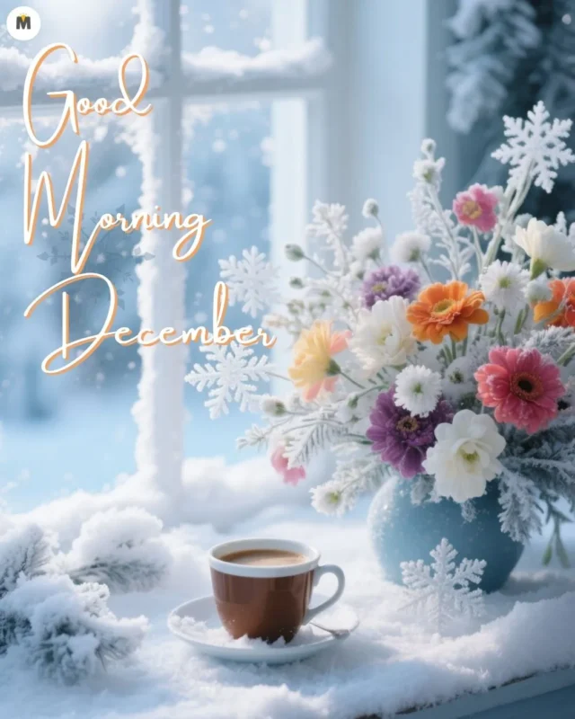 100+ Good Morning December Images ❄️ 53 A cozy winter scene with Good Morning December text. A coffee cup rests on a snowy windowsill beside a vase of colorful flowers and snowflakes Good Morning December Images
