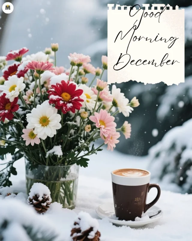 100+ Good Morning December Images ❄️ 29 A cozy winter scene with a bouquet of colorful daisies dusted with snow a steaming cup of coffee and the text Good Morning December on a snowy background Good Morning December Images