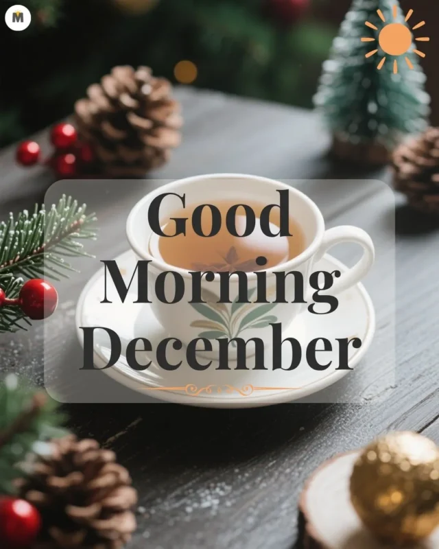 100+ Good Morning December Images ❄️ 39 A festive tea cup on a wooden table surrounded by pinecones and a small Christmas tree. Text reads Good Morning December. Warm cozy atmosphere Good Morning December Images