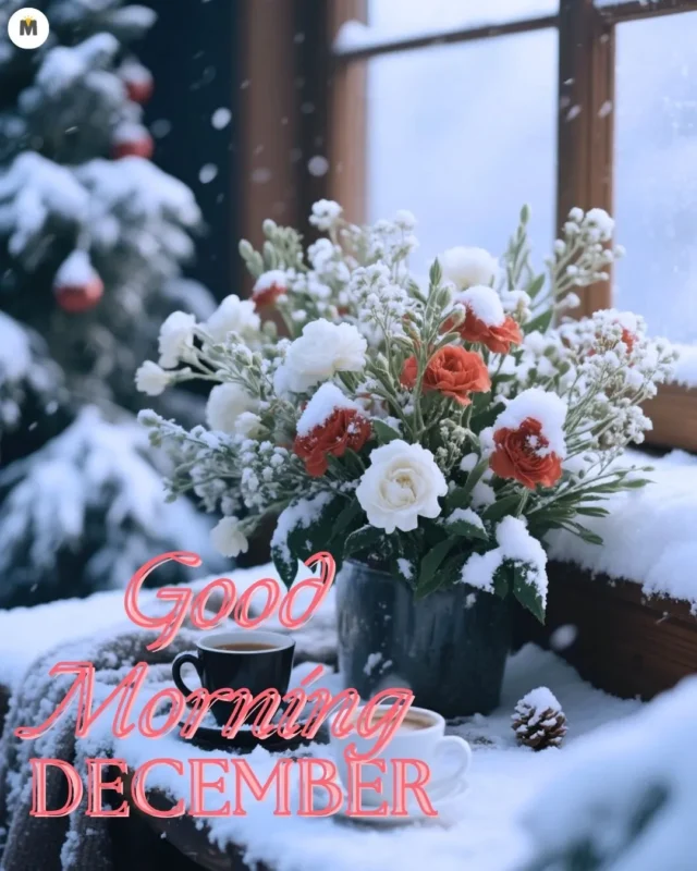 100+ Good Morning December Images ❄️ 43 A snowy window with a vase of white and red flowers dusted with snow. Two cups of coffee sit nearby. Text reads Good Morning December Good Morning December Images