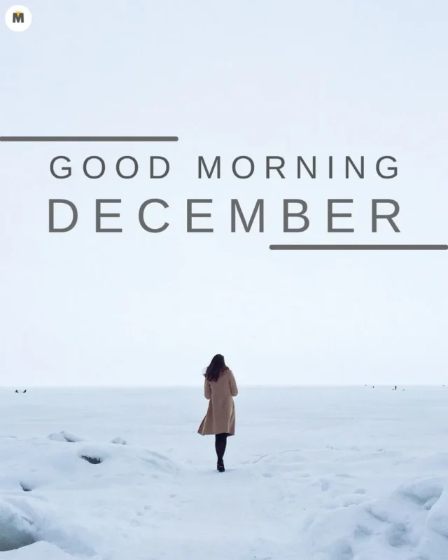 100+ Good Morning December Images ❄️ 56 A solitary figure in a coat walks across a vast snowy landscape under an overcast sky. Above large text reads GOOD MORNING DECEMBER conveying a calm wintry greeting Good Morning December Images