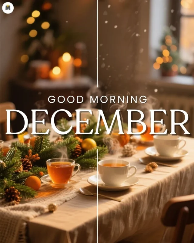 100+ Good Morning December Images ❄️ 33 Cozy December morning with steaming tea pine branches candles and festive decor on a table. Text reads Good Morning December conveying warmth Good Morning December Images