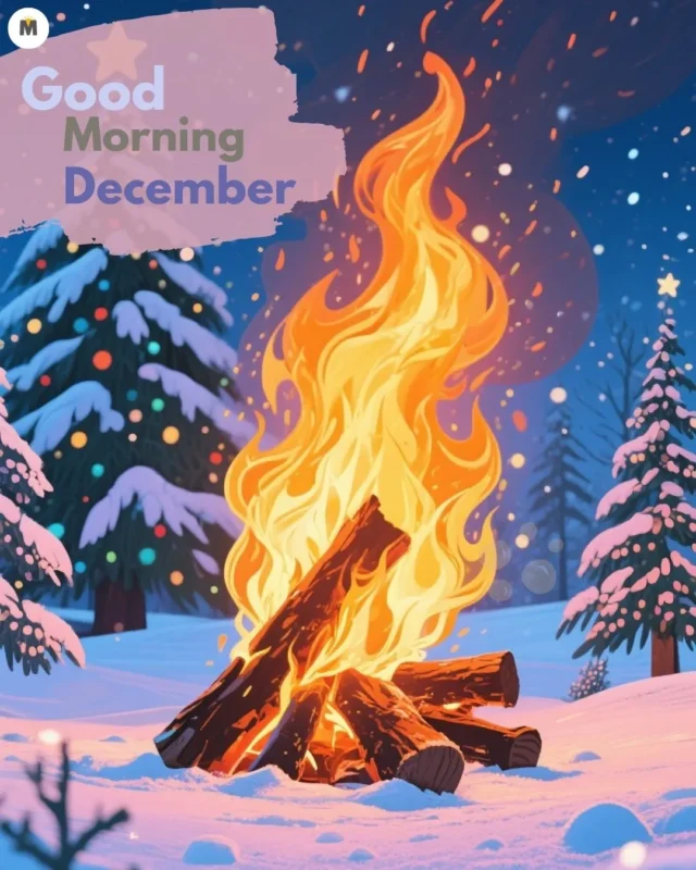 100+ Good Morning December Images ❄️ 32 Cozy campfire in snowy forest surrounded by snow covered trees with colorful lights. Text reads Good Morning December. A warm festive scene Good Morning December Images