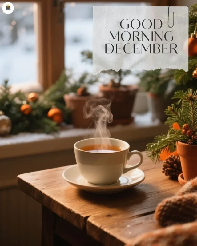 100+ Good Morning December Images ❄️ 49 Cozy scene with a steaming cup of tea on a wooden table surrounded by festive decorations. Text reads Good Morning December evoking warmth and holiday spirit Good Morning December Images