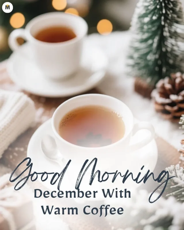 100+ Good Morning December Images ❄️ 50 Cozy scene with two white coffee cups on a table. Soft focus with a small decorated tree and pinecones conveys a warm December morning vibe. Text reads Good Morning December With Warm Coffee Good Morning December Images