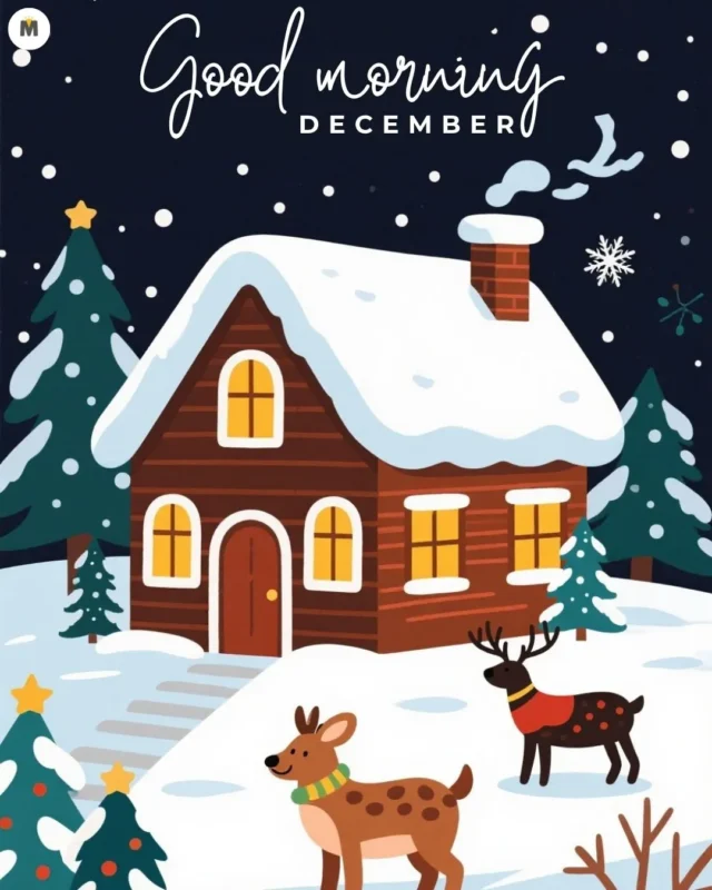 100+ Good Morning December Images ❄️ 58 Cozy wooden cabin with snow on the roof surrounded by snow covered trees two cheerful reindeer. Text Good morning December Good Morning December Images