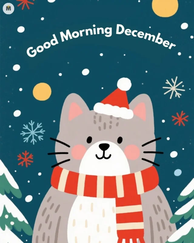 100+ Good Morning December Images ❄️ 8 Cute gray cat in a Santa hat and red scarf smiles amid snowflakes and trees. Text above reads Good Morning December. Festive and cheerful Good Morning December Images