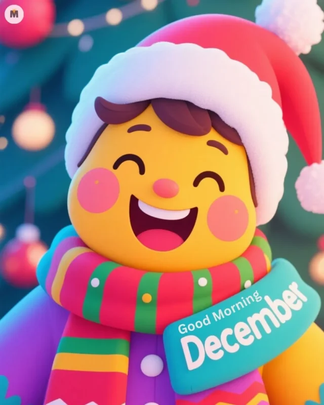 100+ Good Morning December Images ❄️ 4 Smiling character wearing a Santa hat and colorful scarf with a festive background. Holds a sign reading Good Morning December conveying holiday cheer Good Morning December Images