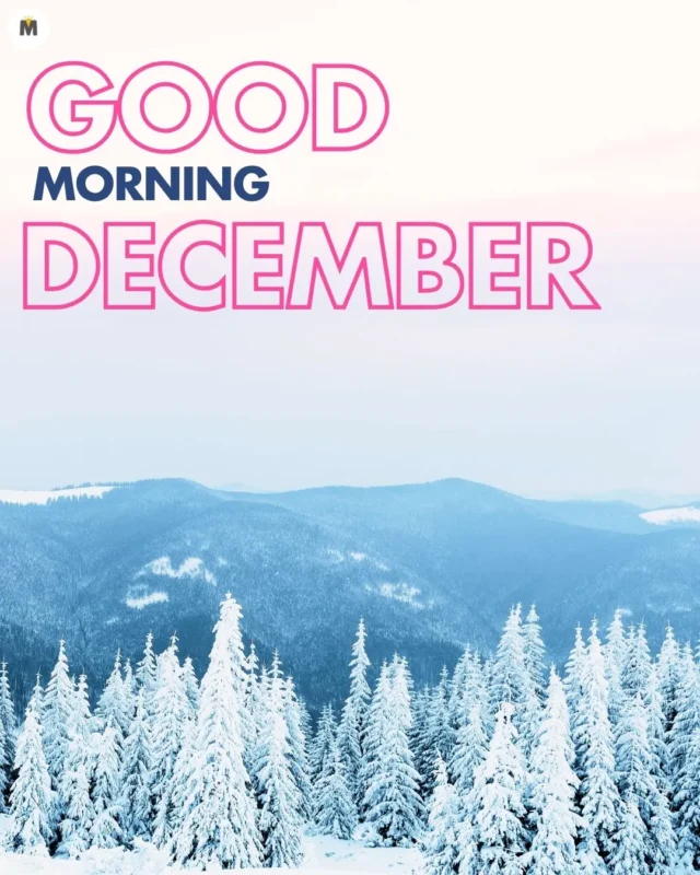 100+ Good Morning December Images ❄️ 47 Snowy pine trees cover rolling hills under a pastel sky evoking a serene winter morning. Text overlays say Good Morning December in bold pink and blue Good Morning December Images