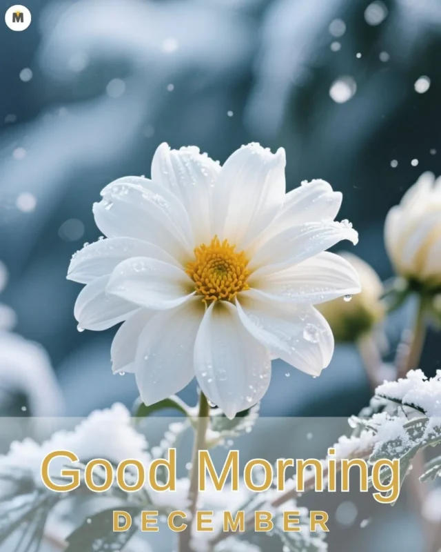 100+ Good Morning December Images ❄️ 2 White flower dusted with snowflakes set against a blurred snowy background. Text reads Good Morning December. Peaceful winter morning scene Good Morning December Images