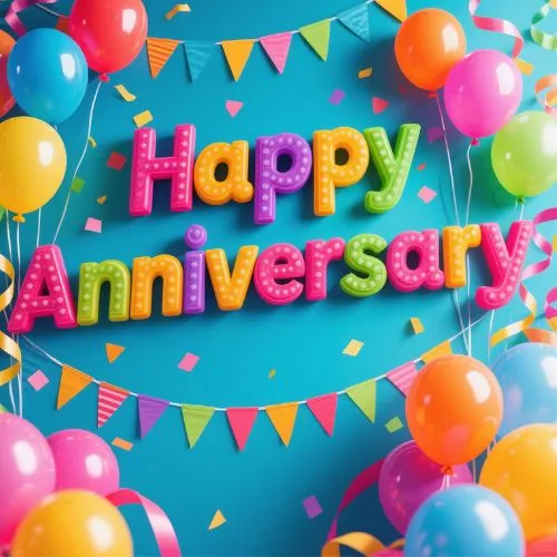 At MorningsLif, Good Morning Wishes, Colorful Happy Anniversary letters surrounded by vibrant balloons and festive decorations on a bright blue background.