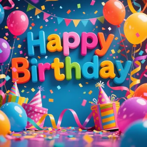 At MorningsLif, Good Morning Wishes, Colorful Happy Birthday letters surrounded by balloons, party hats, and confetti, creating a festive celebration scene.