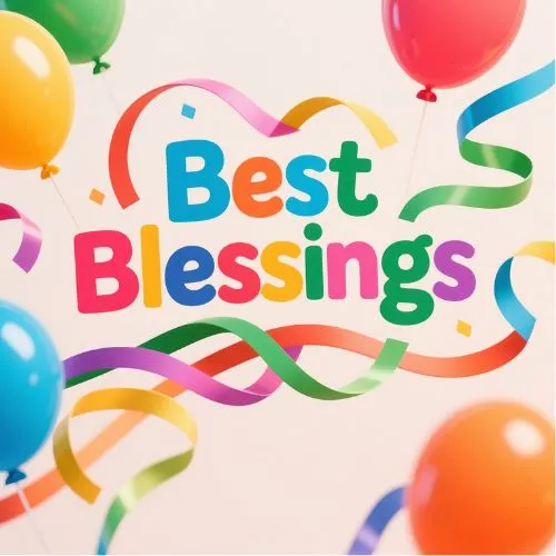 At MorningsLif, Good Morning Wishes, Colorful balloons and ribbons surround the cheerful text Best Blessings on a light background, creating a festive atmosphere.