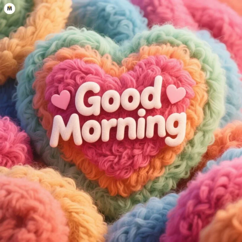 A colorful, fluffy heart-shaped decoration with Good Morning text, surrounded by pastel-colored textured layers.