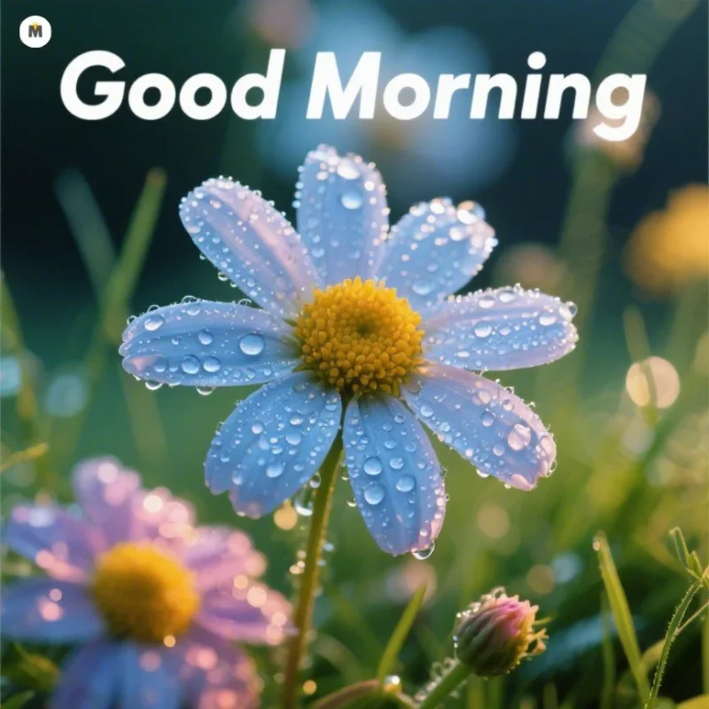 Dew-covered daisies bloom in vibrant colors with sunlight filtering through green grass, accompanied by the greeting Good Morning.