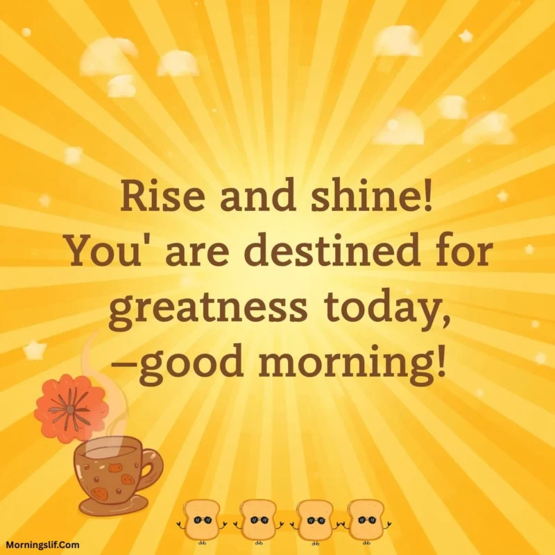 In this positive good morning image with the text of "Rise and shine! You're destined for greatness today—good morning!”