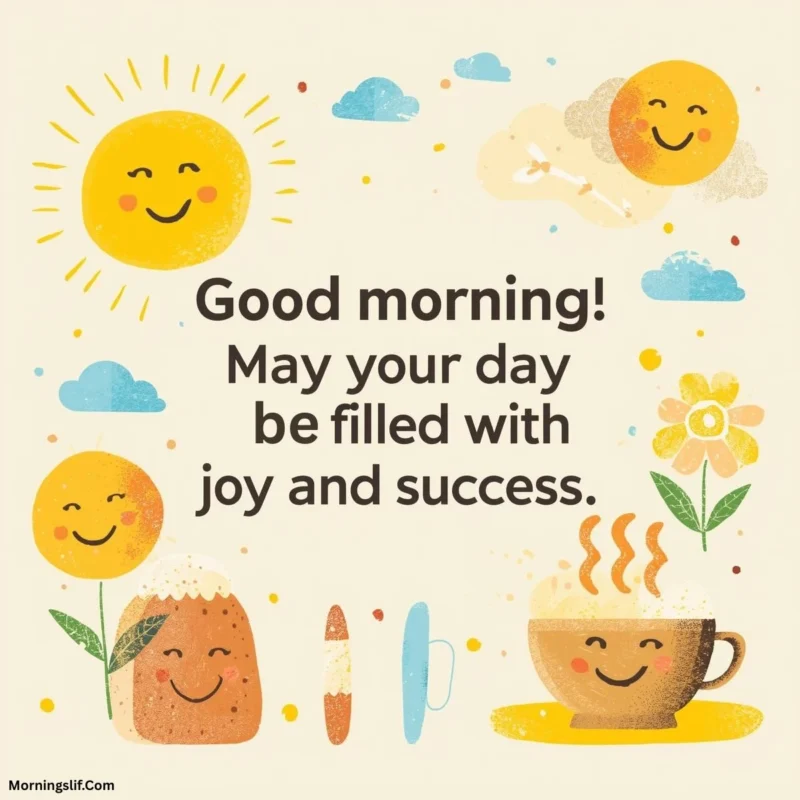 In this positive good morning image with the text of “Good morning! May your day be filled with joy and success.”