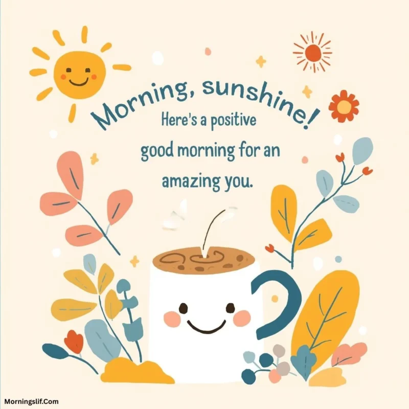 In this positive good morning image with the text of "Morning, sunshine! Here's a positive good morning for an amazing you.”