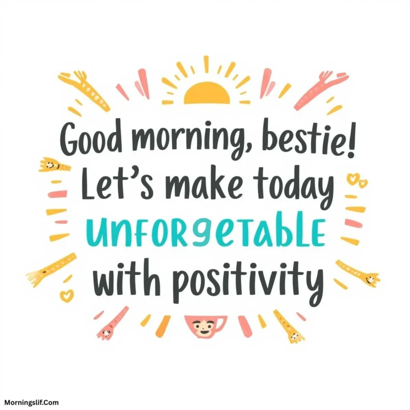 In this positive good morning image with the text of "Good morning, bestie! Let's make today unforgettable with positivity.”