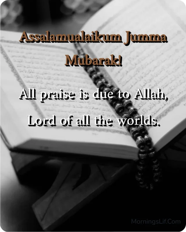 100+ Assalamualaikum Jumma Mubarak: Wishes, Quotes, Duas, and Greetings for Blessed Fridays 14 Assalamualaikum Jumma Mubarak Images With Dua of "All praise is due to Allah, Lord of all the worlds." in english.