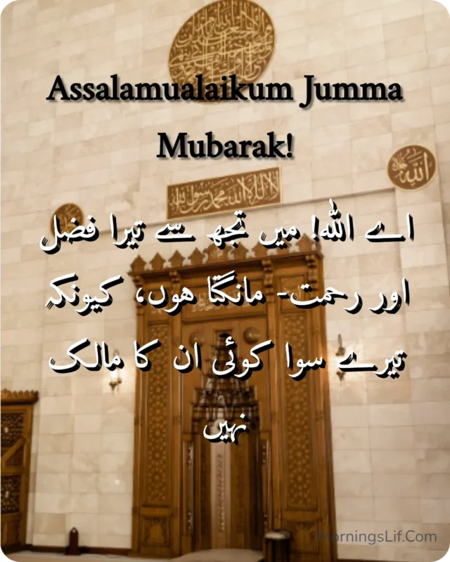 100+ Assalamualaikum Jumma Mubarak: Wishes, Quotes, Duas, and Greetings for Blessed Fridays 1 Assalamualaikum Jumma Mubarak Images With Dua of "
اے اللہ! میں تجھ سے تیرا فضل اور رحمت مانگتا ہوں، کیونکہ تیرے سوا کوئی ان کا مالک نہیں" in urdu
